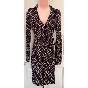DVF Silk Wrap Dress 2 Navy Red White Print Long Sleeve Diane Von Furstenberg